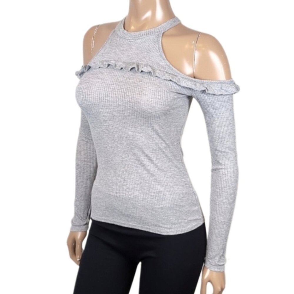 Shelly Long Sleeve Fitted Ribbed Top Ruffled Cold Shoulder High Neck Knit
